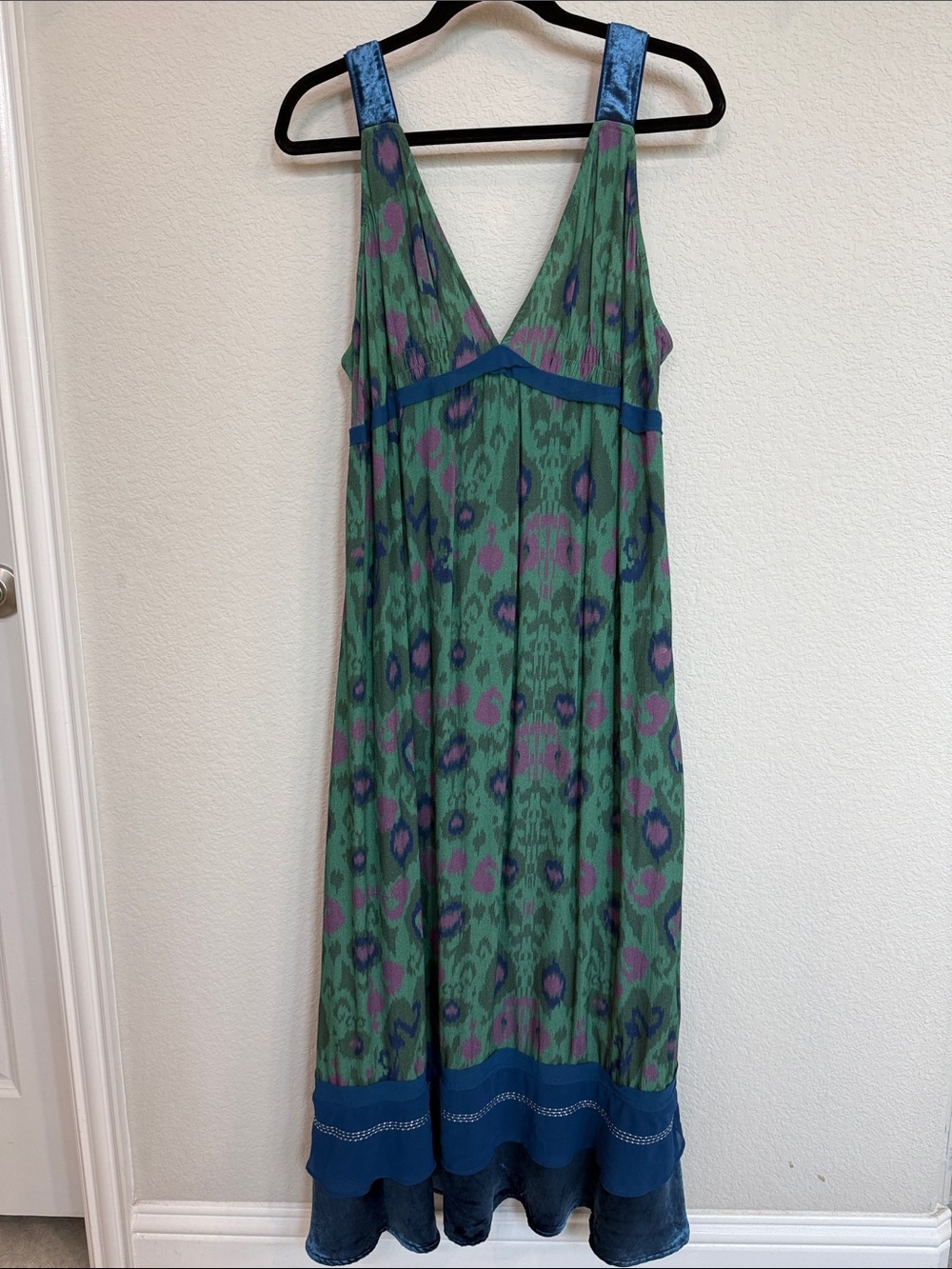 Anthropologie Green Patterned V-Neck Maxi Dress with Blue Trim